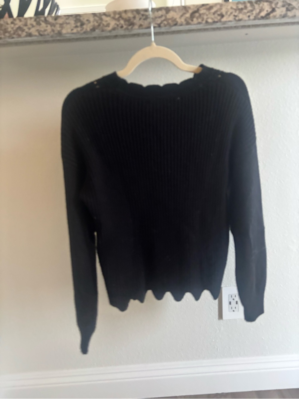 Skies Are Blue Black Ribbed Scallop-Edge Crewneck Sweater